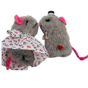 Vintage Handmade Fuzzy Grey Mouse Couple Plush Figurines Wedding Set 3.5 Inch